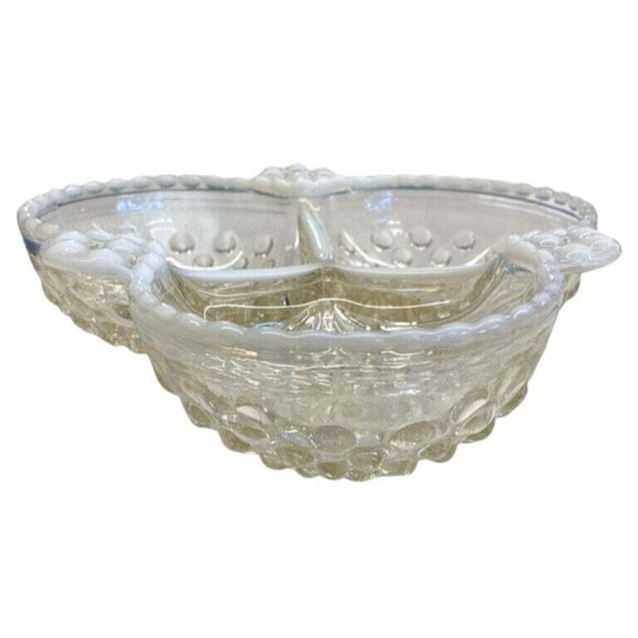 Vintage Clear Glass Divided Serving Dish With Hobnail & Scalloped Design - Picture 2 of 3